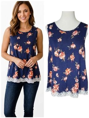 Rewind Blue floral sleeveless top with lace hem Women's size extra large XL